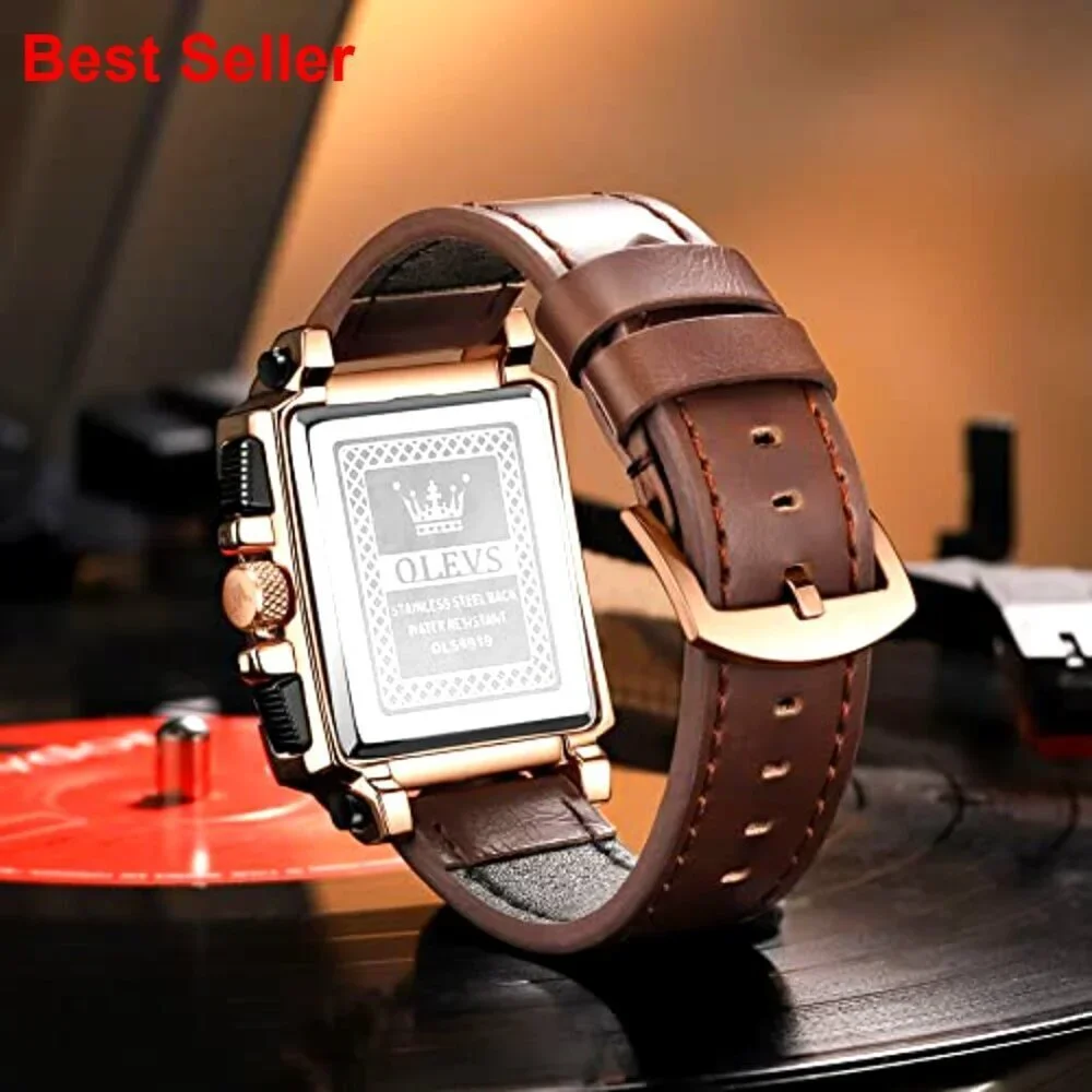 Men's Leather Chronograph Watch with Luminous Date Water Resistant